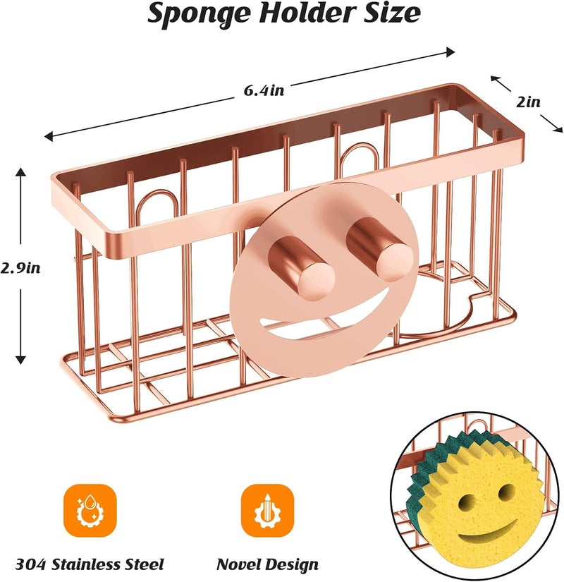 MURLONG Sponge Holder Smiley Face,Sink Caddy for Kitchen Sink,Sponge Holder with 2 PCS Suction Cups/1 PCS Adhesive Strips,Designed for Sponge,Soap,Dish Brush,Scrubber-Rose Gold - Image 2